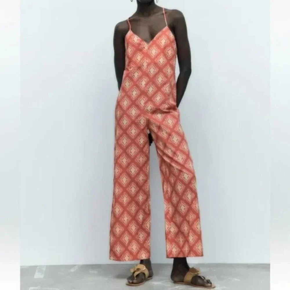 Zara Terracotta Printed Jami Wide Leg Boho Jumpsuit NWT Size XL Blogger Fav - Picture 4 of 12